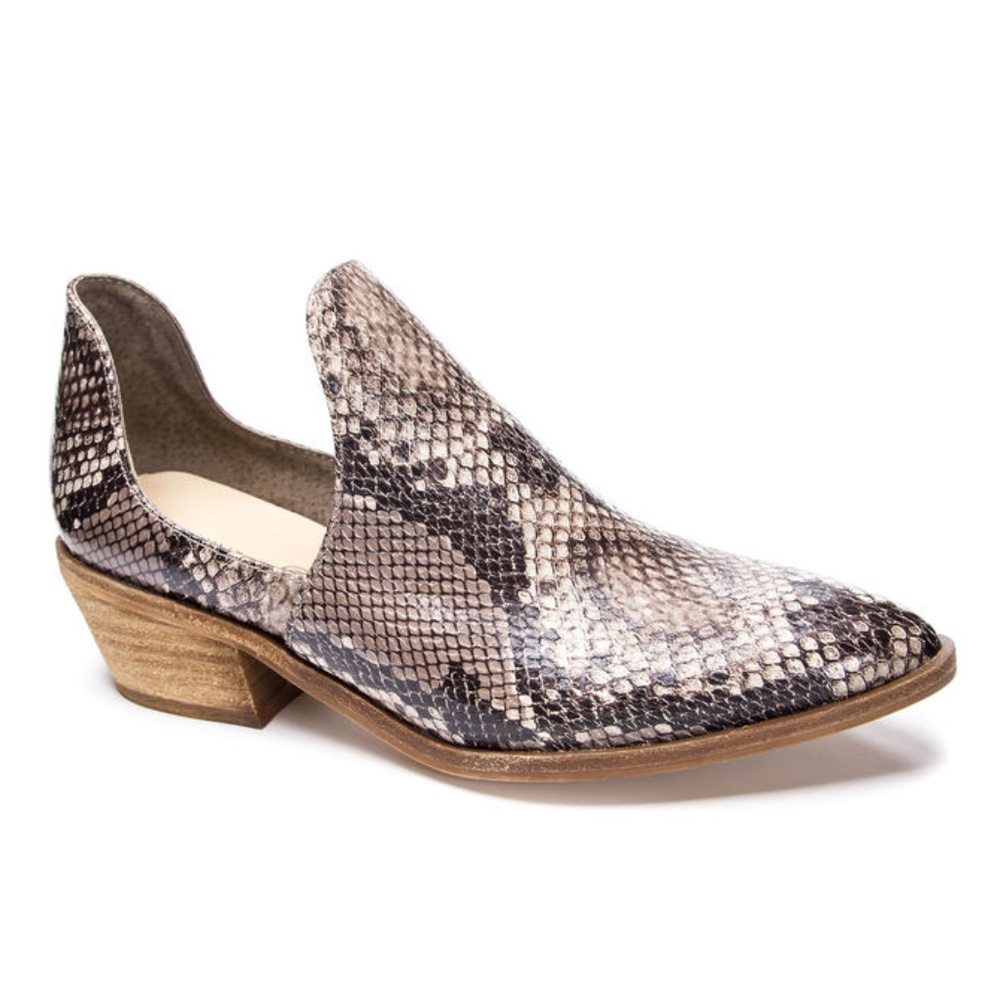 Chinese Laundry Snake-Print Cutout Ankle Booties in Brown and Cream